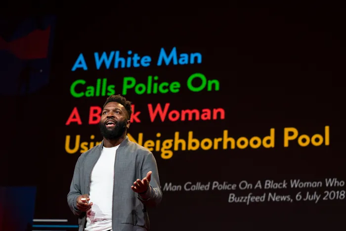 Baratunde Thurston delivering his TED talk on deconstructing racism